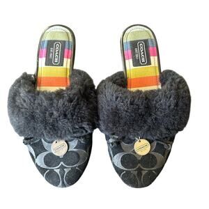 Coach carra slippers with black faux fur trim women’s 5-6